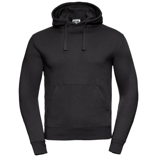 Zwarte katoen-polyester herenhoodie met capuchon en kangoeroezak.