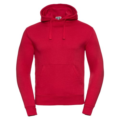 Rode katoen-polyester hoodie voor heren met trekkoord en kangoeroezak.