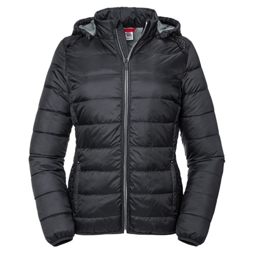 Zwarte gewatteerde jas van polyester voor dames met capuchon.