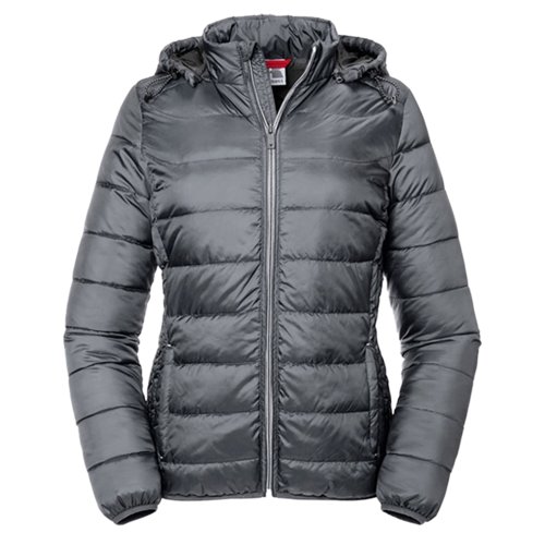 Grijze gewatteerde jas van polyester met capuchon en volledige ritssluiting.