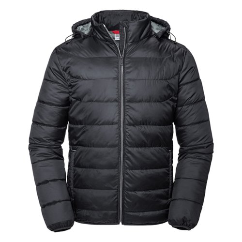 Zwart polyester gewatteerd jack met capuchon.