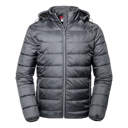 Grijze gewatteerde jas van polyester met capuchon voor heren.