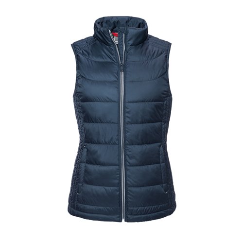 Marineblauwe gewatteerde polyester bodywarmer voor dames met volledige rits.