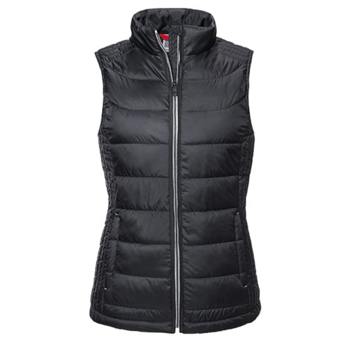 Zwart gewatteerd damesvest van polyester met volledige ritssluiting.
