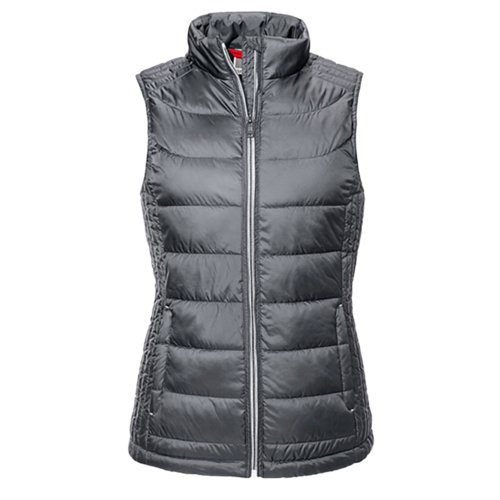 Grijze polyester gewatteerd vest met volledige ritssluiting.
