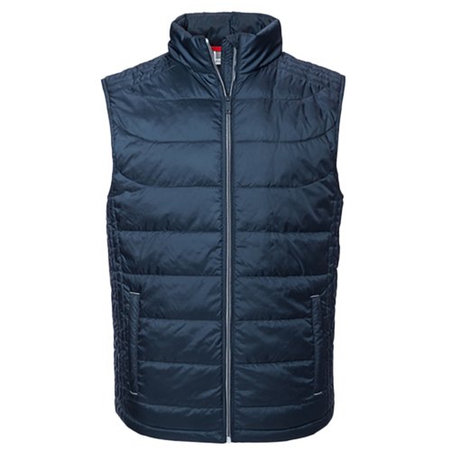 Marineblauwe gewatteerde bodywarmer van polyester met rits.