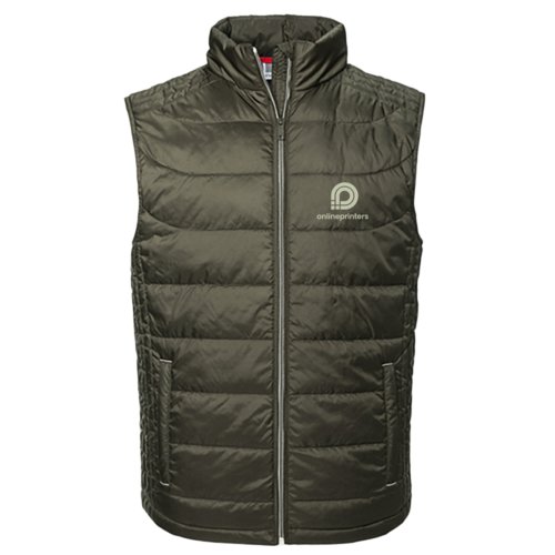 Olijfkleurig gewatteerd vest van licht materiaal met volledige ritssluiting voor heren.