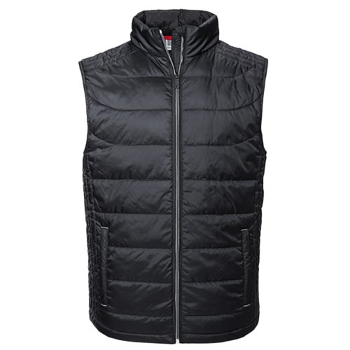 Zwart polyester gewatteerd vest met volledige ritssluiting.