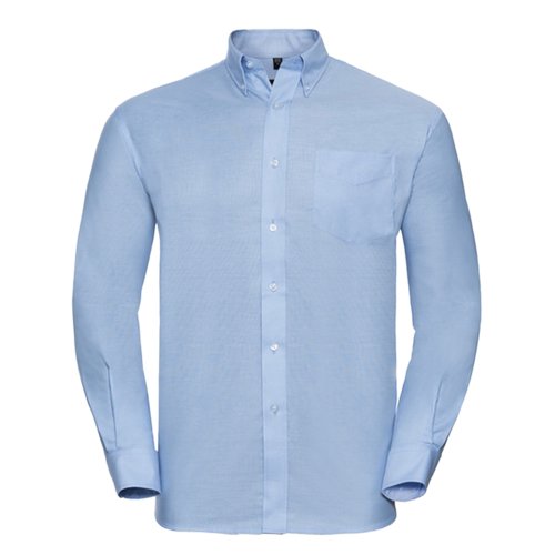 Blauw katoen-polyester overhemd met lange mouwen en knoopsluiting.