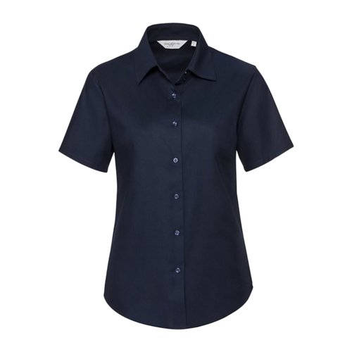 Marineblauwe blouse van katoenmix met korte mouwen.