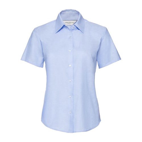 Oxford blauwe blouse van katoen-polyester met korte mouwen en knoopsluiting.
