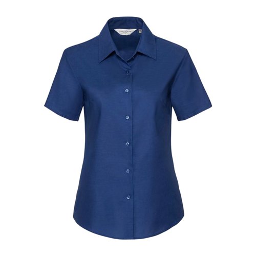 Blauwe blouse van katoenmix met korte mouwen en knoopsluiting.