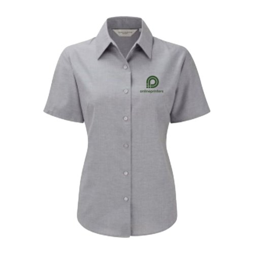 Grijsblouse met korte mouwen en knoopsluiting voor dames.