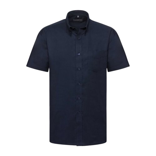 Marineblauw katoen-polyester overhemd met korte mouwen, knoopsluiting en borstzak.