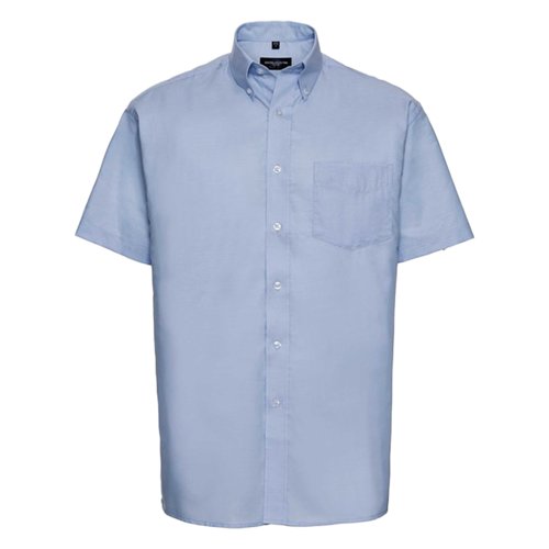Oxford blauw katoen-polyester mix shirt met korte mouwen, knoopsluiting en borstzak.