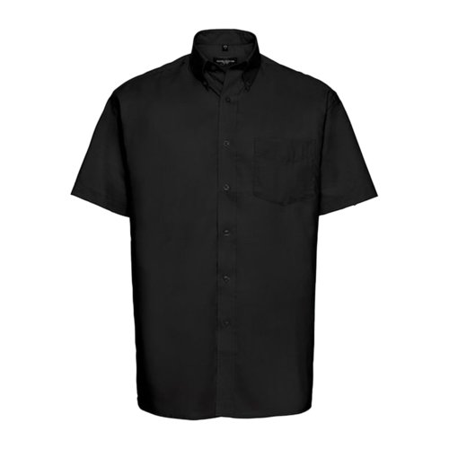 Zwart katoen-polyester overhemd met korte mouwen en borstzak.