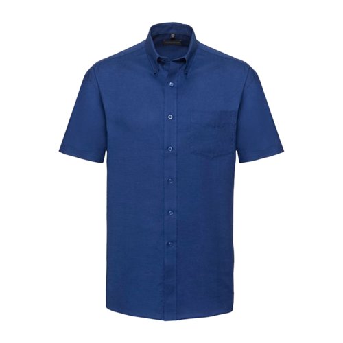 Blauw katoen-polyester overhemd met korte mouwen voor heren met knoopsluiting en borstzak.