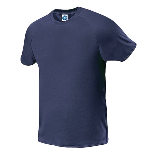 Marineblauwe polyester T-shirt voor heren met korte mouwen.