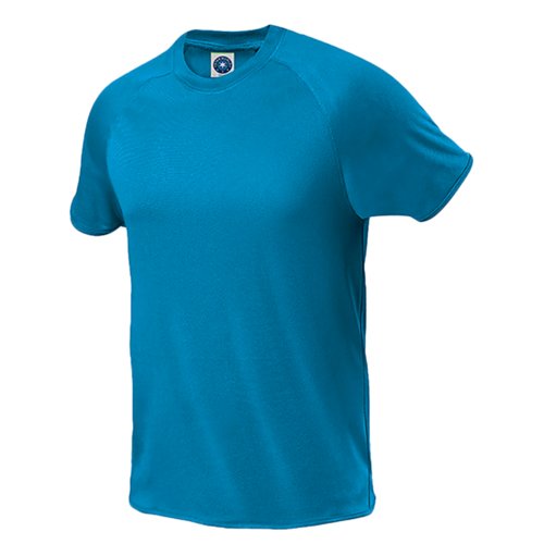 Atolblauw polyester T-shirt voor heren met korte mouwen.