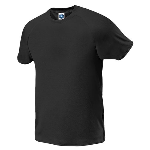 Zwart polyester T-shirt voor heren met korte mouwen.