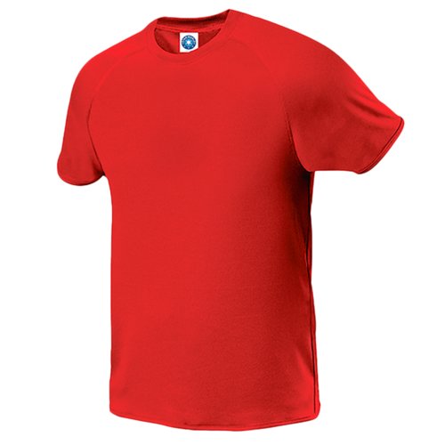 Rood polyester T-shirt met korte mouwen.