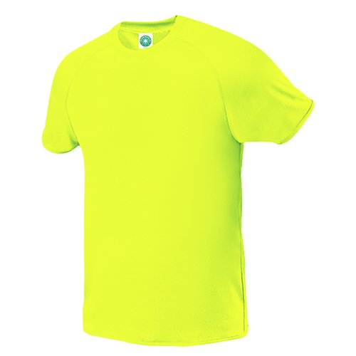 Geel polyester T-shirt met korte mouwen.
