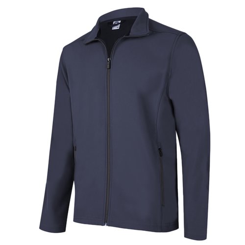 Zwart-blauwe softshell jas van polyester en elastaan met ritssluiting.