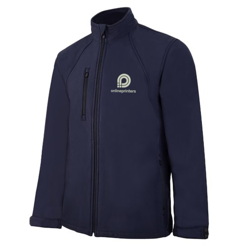 Blauwe softshell jas voor mannen met ritssluiting en zakken.