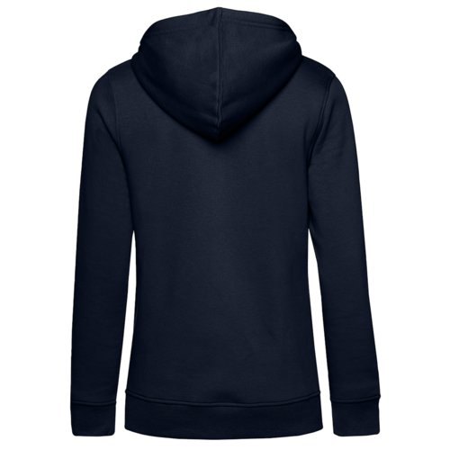 Marineblauwe dameshoodie van biologisch katoen en gerecycled polyester.