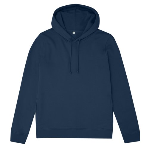 Marineblauwe dameshoodie van biologisch katoen en gerecycled polyester met capuchon.