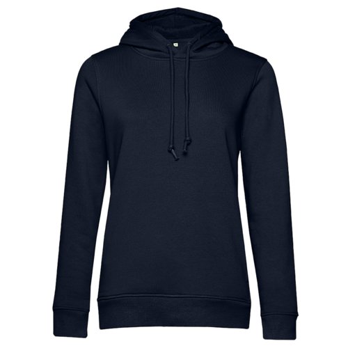 Marineblauwe hoodie van biologisch katoen en gerecycled polyester met capuchon.