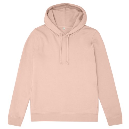 Lichtroze hoodie van biologisch katoen en gerecycled polyester met capuchon en trekkoord.