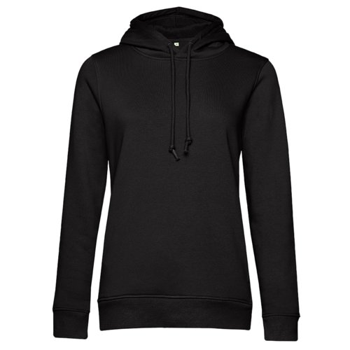 Zwarte dameshoodie van katoen-polyester met capuchon en trekkoord.
