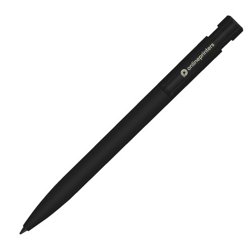 Zwarte kunststof balpen met drukmechanisme en soft-touch oppervlak.