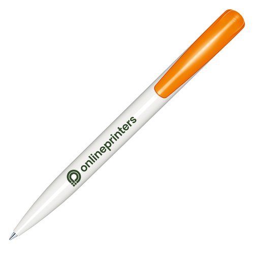 Wit/oranje kunststof balpen met drukmechanisme en gepolijste afwerking.