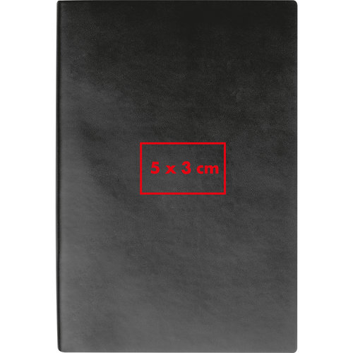 Zwart notitieboek met harde kaft en draadbinding.