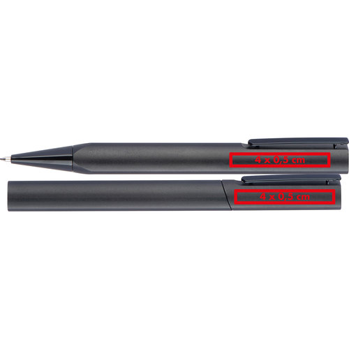 Grijze schrijfset met balpen en etui.
