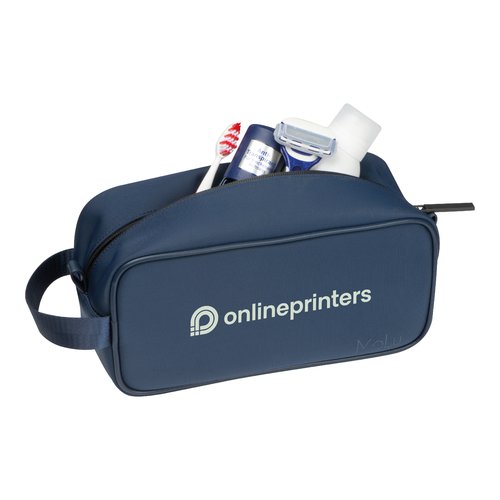 Donkerblauwe toilettas met ritssluiting en handvat.