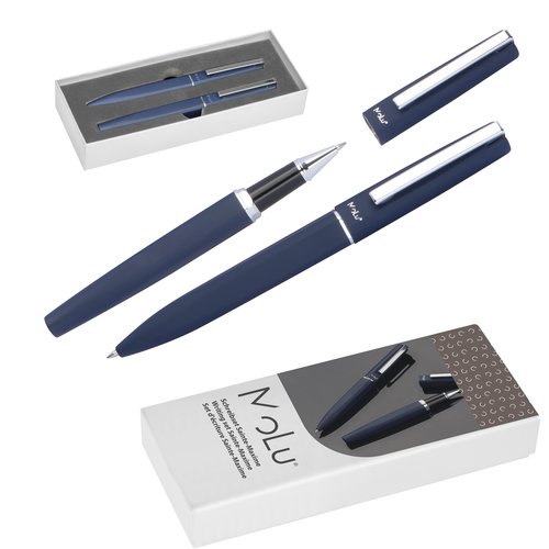 Blauwe schrijfset met balpen en rollerball in geschenkverpakking.