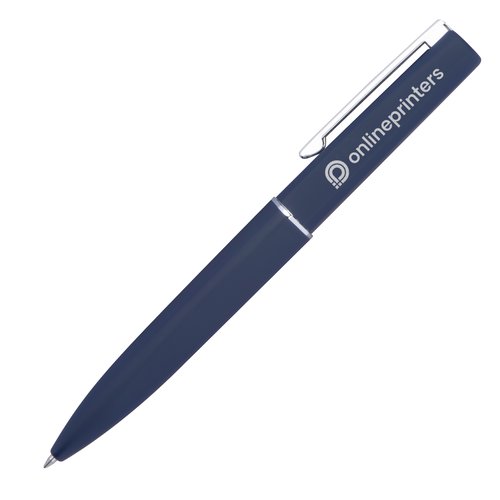 Donkerblauwe schrijfset met balpen en etui.