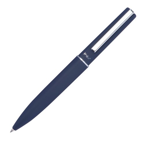 Donkerblauwe schrijfset met balpen en etui.