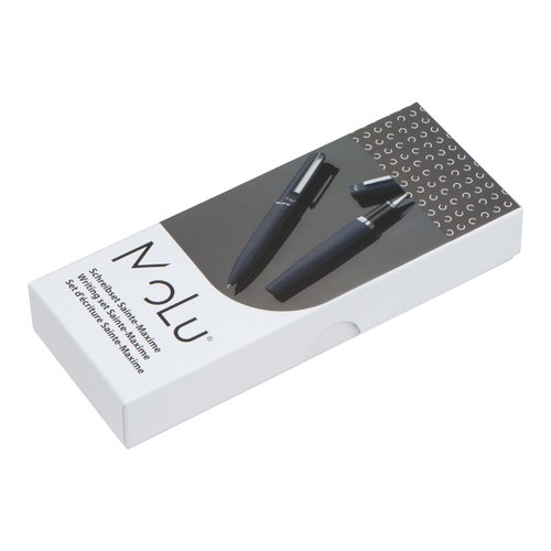 Donkerblauwe schrijfset met balpen en vulpen in etui.