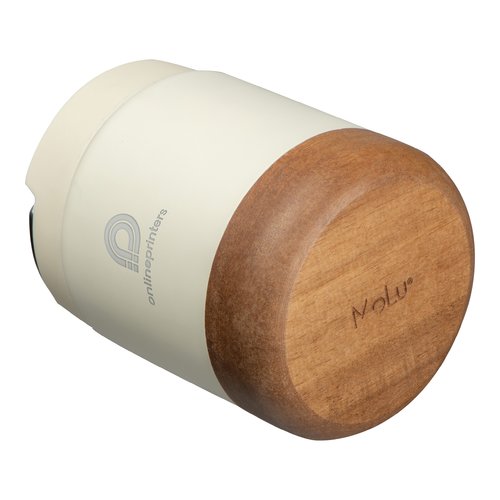 Witte roestvrijstalen voedselcontainer met houten accenten.