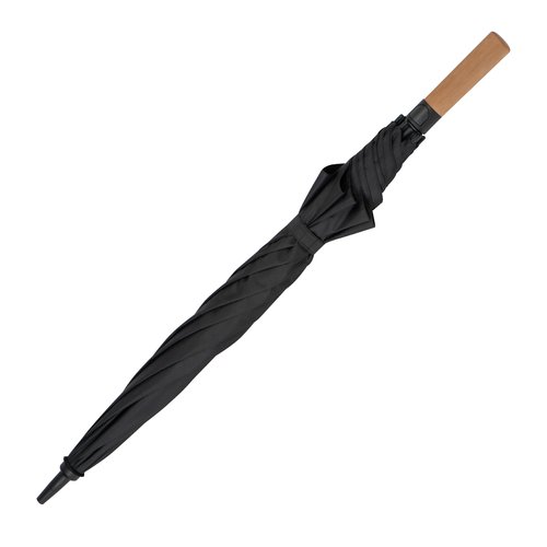 Zwarte paraplu met houten handvat en hoes.