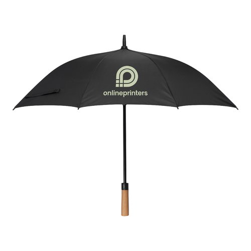 Zwarte paraplu met houten handvat en hoes.