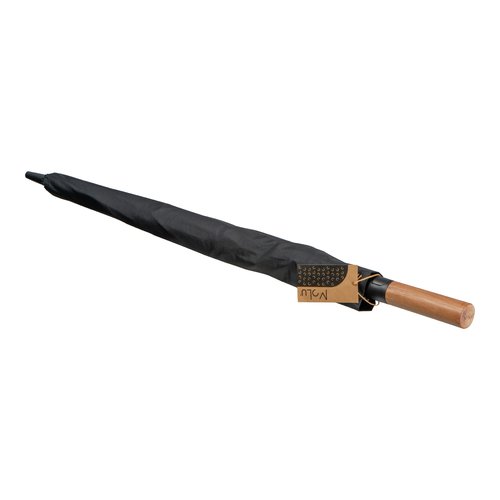 Zwarte paraplu met houten handvat.