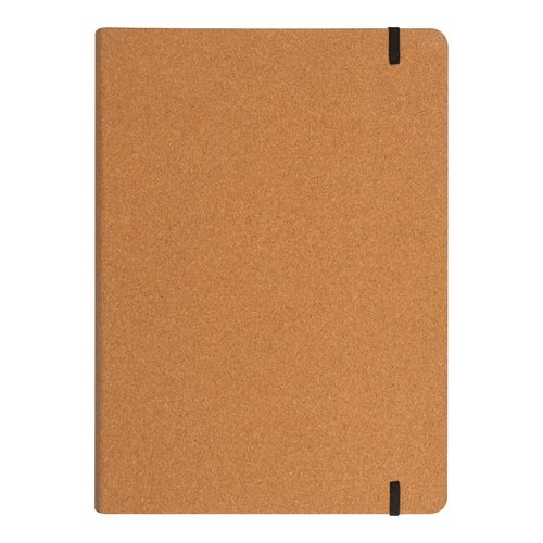 Beige kurk schrijfmap met elastische bandsluiting.