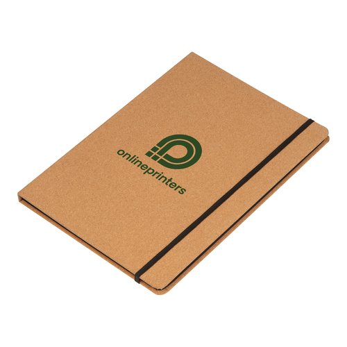 Beige kurken schrijfmap met elastische band.