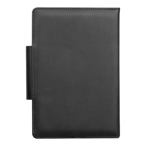 Blauw notitieboek met omslag en pennenlus.