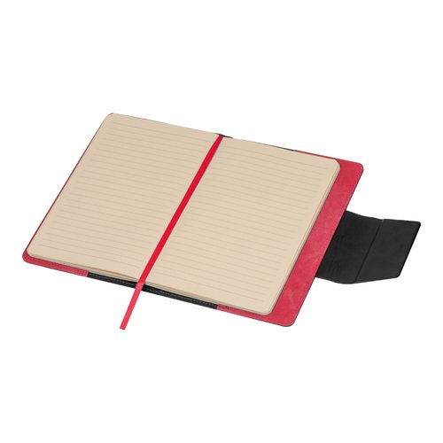 Rood notitieboek met gelinieerde pagina's en lint bladwijzer.